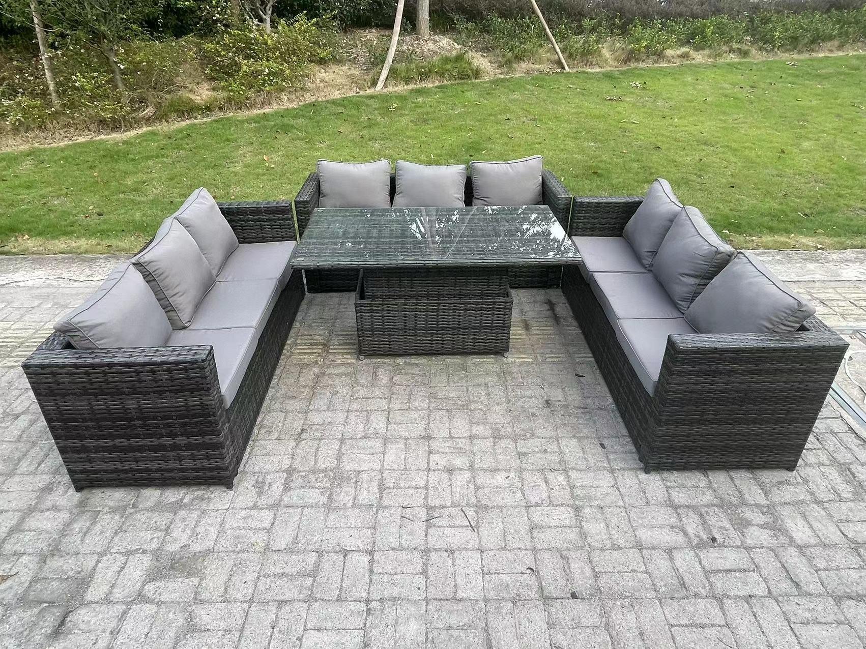 9 Seater Outdoor Garden Furniture Rattan Sofa Set Adjustable Rising Lifting Dining Table Dark Grey
